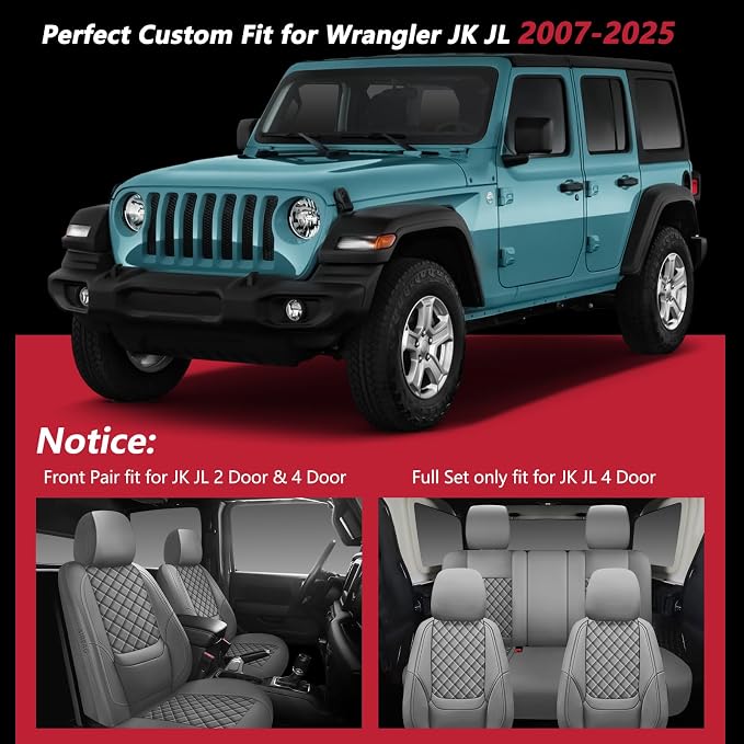 Wrangler Seat Covers 2007-2017 Front Pair, Waterproof Leather Interior Sets with Lumbar Support Custom Fit for Jeep Wrangler JK 2/4 Door Unlimited Sahara/Sport/Rubicon X 392 Willys, Gray