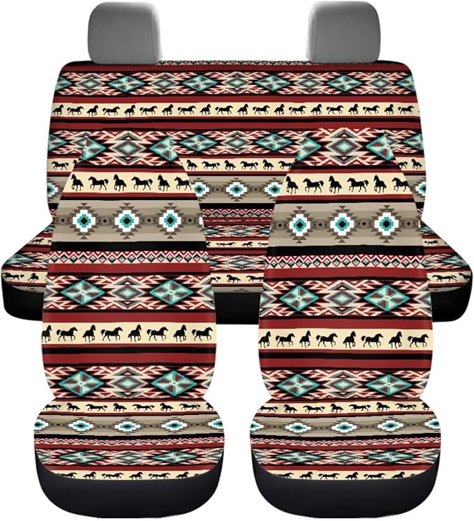 Dreaweet Aztec Ethnic Tribal Horse Car Seat Covers Full Set 12 Pcs Car Accessories,Steering Wheel Cover/Armrest Cover/Seatbelt Covers/Cup Coasters/Gear Shift Cover/Handbrake Cover,Universal Fit