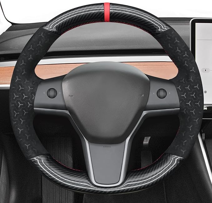 MEWANT DIY Geom Embossed Athsuede Shiny PU Carbon Fiber Steering Wheel Cover for Tesla Model Y 2023 Model 3 2017-2023