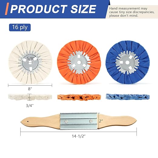 Airway Buffing Wheel Kit 7 PCs (2 White, 2 Orange, 2 Blue, 1 Rake) 8" Diameter 5/8" Arbor Hole 16 Ply for Angle Grinder 7 Pcs