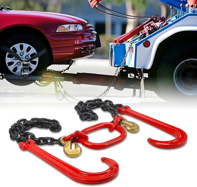 3/8" Grade 80 V-Type Transport Tow Chain w/15 J-Hooks 3 Ft Long Shank Legs for Flatbed Truck Tie Trailer Tractor Car Wrecker Tow Chain,7100 Lbs Working Load Limit,G80 Steel Bridle,Black+Red