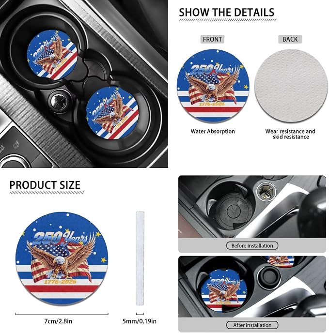 Wanyint Car Seat Cover Full Set 12 PCS, with Steering Wheel Seat Belt Strap Armrest Pad Handbrake Cover Gear Shift Cover Coasters Universal Fit for US 250th Anniversary, American Flag Hibiscus Eagle