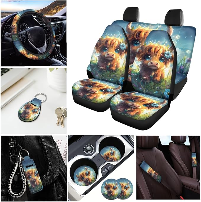 INSTANTARTS Cute Highland Cow Full Set of 13 Car Front Back Seat Covers Seat Belt Pads Car Cup Holders Lip Gloss Tube Sleeve Keychain Steering Wheel Cover