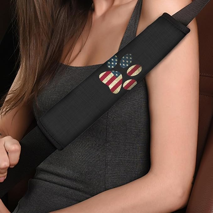 Howilath American Flag Dog Paw Printed Car Front Seat Cover Accessories 10pcs Center Console Cover and Flower Steering Wheel Covers for Women Men
