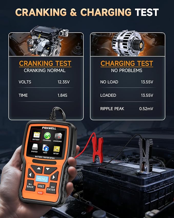 FOXWELL BT301 12V Car Battery Tester, Battery Load Tester 100-2000CCA Automotive Battery Tester Digital Alternator Starter Tester Cranking Charging Tester for Car Marine Truck SUV ATV (Upgraded BT100)