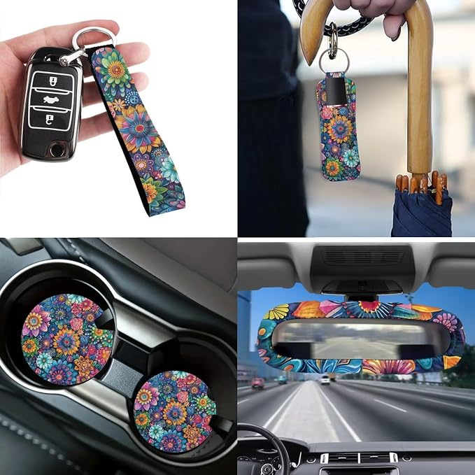 Hippie Flowers 12 Pack Car Seat Covers Sets Steering Wheel Accessories Car Seat Belt Cover Rear View Mirror Cover Trash Bin Car Coasters Wristlet Keychain Chapstick Holder