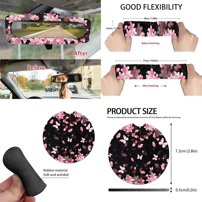 15 Pcs Cherry Blossoms Car Seat Cover Full Set for Women with Car Steering Wheel Cover Seat Belt Cover Trash Bin Front Rear View Mirror Car Cup Holder Keychain