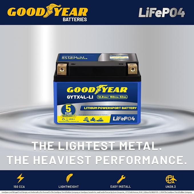 Goodyear GYTX4L-LI Lithium LiFePO4 12.8V 150CCA Rechargeable High Performance Powersport Battery with Smart BMS Replacement for Motorcycle, ATV, UTV, Scooter, Watercraft, Jet Ski, and Snowmobile