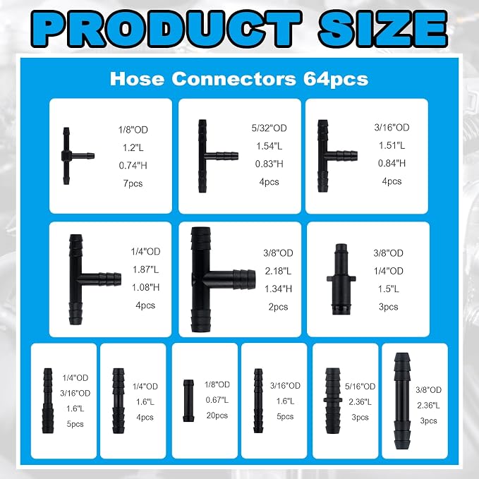 6PCS 5Ft Silicone Vacuum Hose Automotive Kit,ID 3/8",5/16",1/4",3/16",5/32",1/8" Vacuum Lines Automotive with Tee/Straight/Reducer Connector & Clamps,Professional Vacuums Line Kit (94PCS)