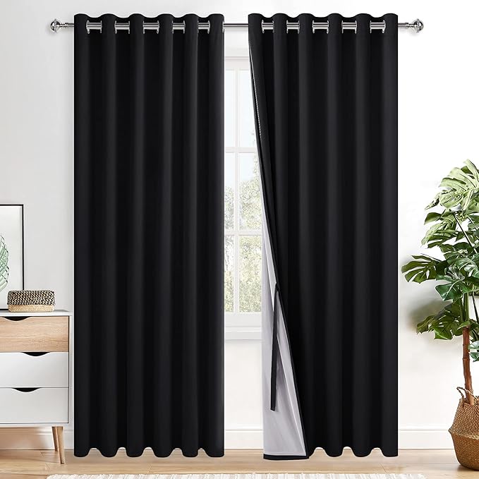 XWZO 100% Blackout Curtain Panels - Thermal Insulated Black Liner Curtains, Noise Reducing and Heat Blocking Drapes for Hall and Studio Windows with Tiebacks, Black, W70 x L84, Set of 2