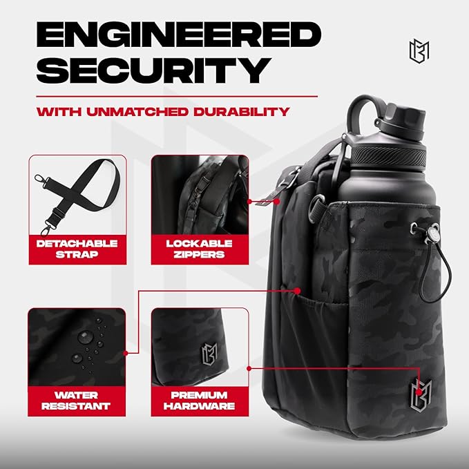 Magnetic Bottle Bag Sling Bag for Men and Women | Gym Bag for Gym, Travel, Work, and Sports | Keep Your Items off the Dirty Gym Floor With Magnetic Attachment (Black Camo)