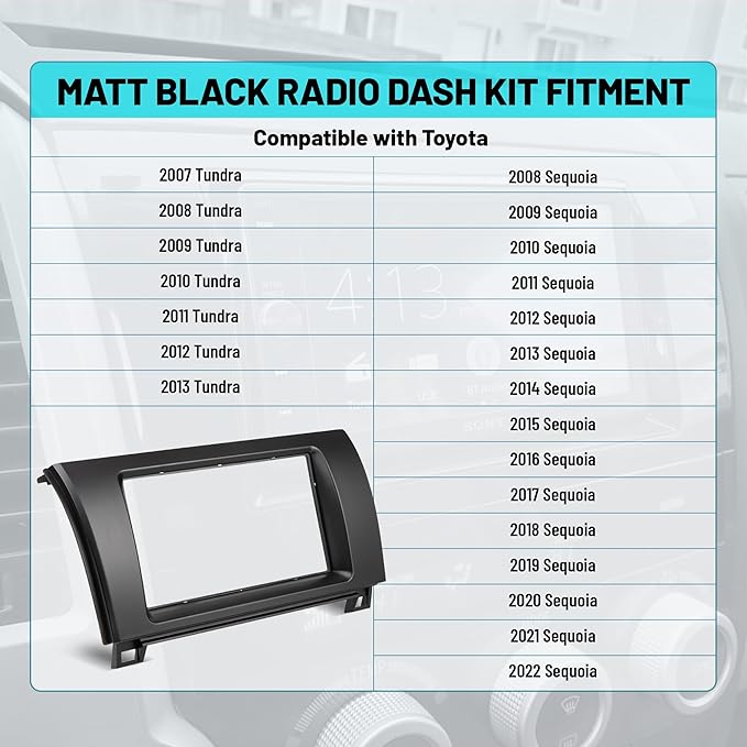 NuIth Matt Double DIN Radio Dash Kits for Toyota 2007-2013 Tundra/2008-2022 Sequoia, Double Din Mount Housing Bracket Installation Trim Bezel Kit Installation Aftermarket Stereo (Dash Kit+Radio Wire)