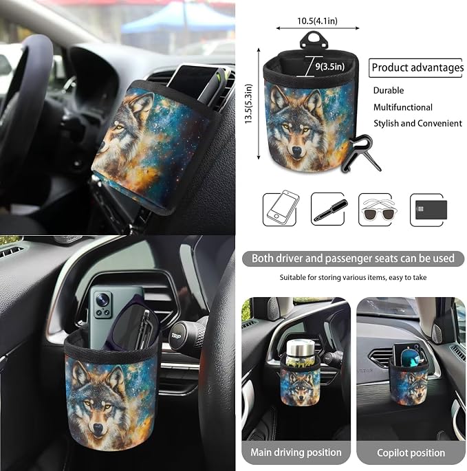 Wolf Galaxy Print Auto Seat Cushion + Steering Wheel Protector + Keychain + Mirror Cover + Seatbelt Pad + Air Vent Storage Bag + Trash Can + Cup Holders, Set of 15