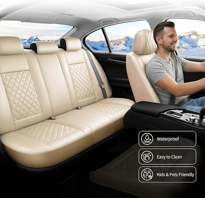 Fit Escape Car Seat Covers for Ford Escape 2001-2025 2026 - Luxury Leather, Anti-Slip, All-Weather Seat Cushions, Waterproof & Breathable, Airbag Compatible, Full 5-Seat Set (Beige)