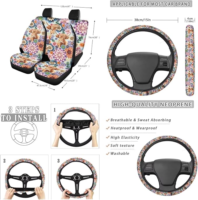 Suobstales Boho Mandala Highland Cattle Print Car Seat Covers Set of 13 with Universal Steering Wheel Cover, Rearview Mirror Cover, Car Trash Can, Seatbelt Pads, Cup Holder Coasters, Keychains