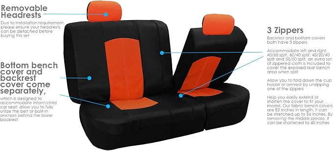 FH Group Automotive Seat Cover Highest Grade Faux Leather Orange Black Full Set, Combo Car Seat Cover Design Airbag Compatible Split Bench Tan Car Seat Cover Interior Accessories Universal Fit SUV