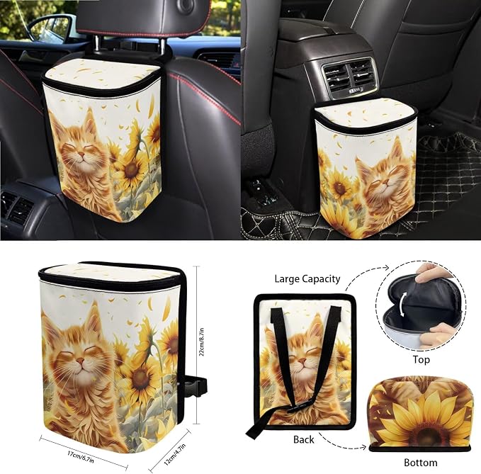 Cat Sunflower Print Car Seat Covers Full Set with Steering Wheel Cover for Women, Decorative Safety Belt Pads Cup Cushions Storage Trash Can Car Air Vent Organizer