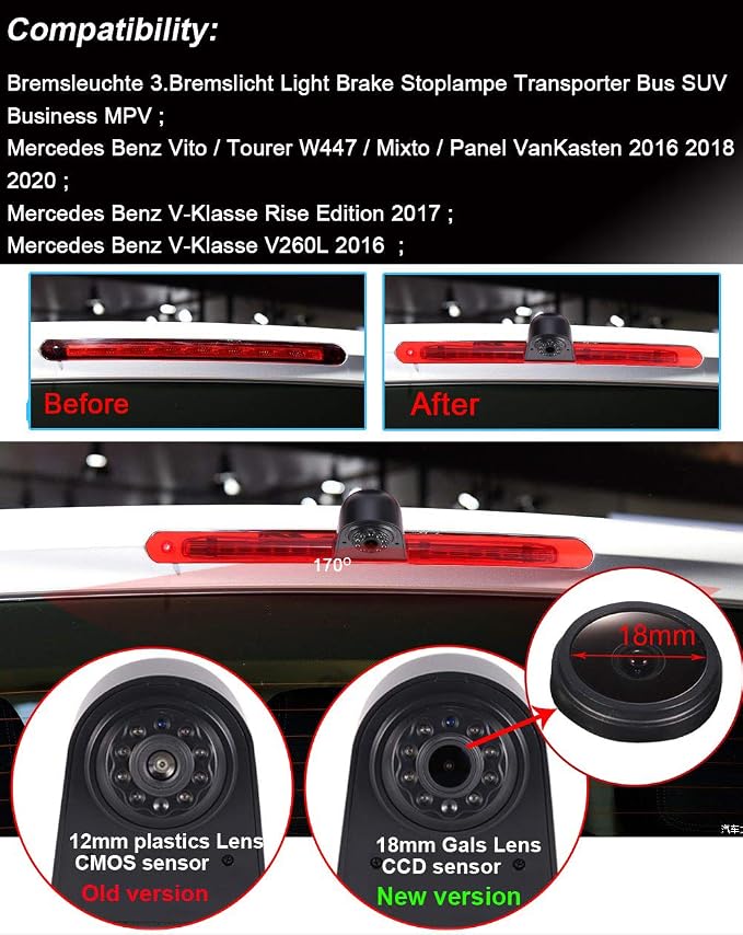 Super HD 1280x720 Pixels 1000 TV Lines 3rd Brake Light Reversing Camera Brake lamp Parking Camera Back up for Mercedes Benz Vito W447 Kasten Tourer V260 Mixto 3 ab 2014+4.3" car Reverse Screen