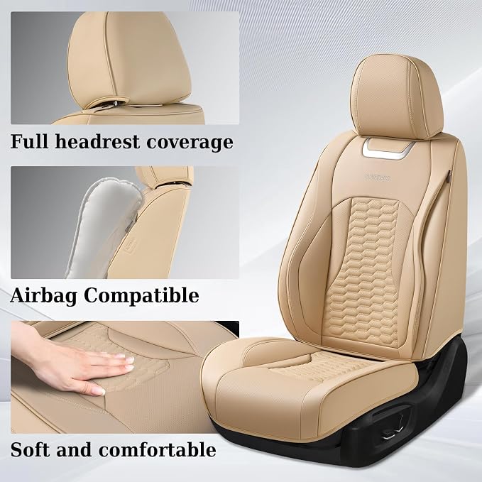 Coverado Car Seat Covers Full Set, Nappa Leather Seat Covers for Cars, Waterproof Automotive Car Seat Covers Interior Accessories Universal Fit Most Sedans, SUVs, Pick-up Trucks(Beige)