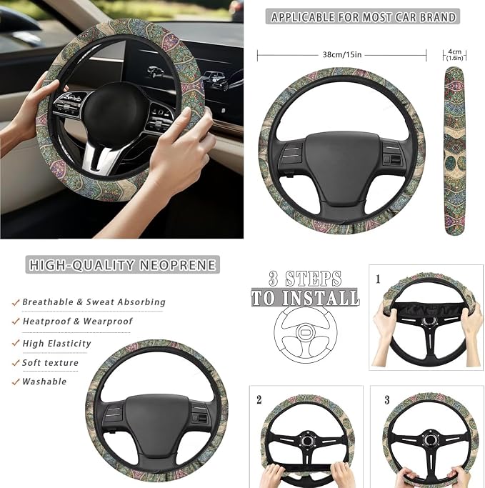 Boho Dog Paw Car Seat Covers Set of 15 with Universal Steering Wheel Cover, Rearview Mirror Cover, Car Trash Can, Seatbelt Pads, Cup Holder Coasters, Keychains