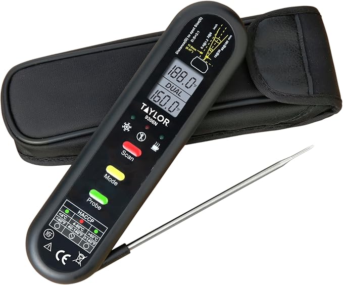 Taylor Dual Temp Infrared Thermocouple Thermometer, Multi-Functional Infrared Mode, Dual Line LCD, HOLD, Min/Max; Step Down Probe, Water Resistant, Black