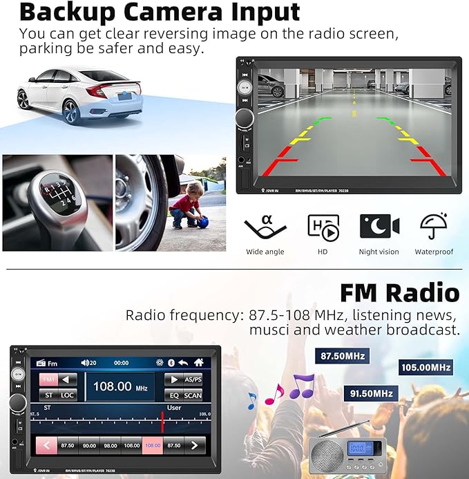 UNITOPSCI Double Din Car Stereo 7 Inch Touch Screen Car Audio Radio with Bluetooth Audio Hands-Free Calls Backup Camera FM Radio Receiver Car MP5 Player Support Mirror Link AUX-in USB TF Input