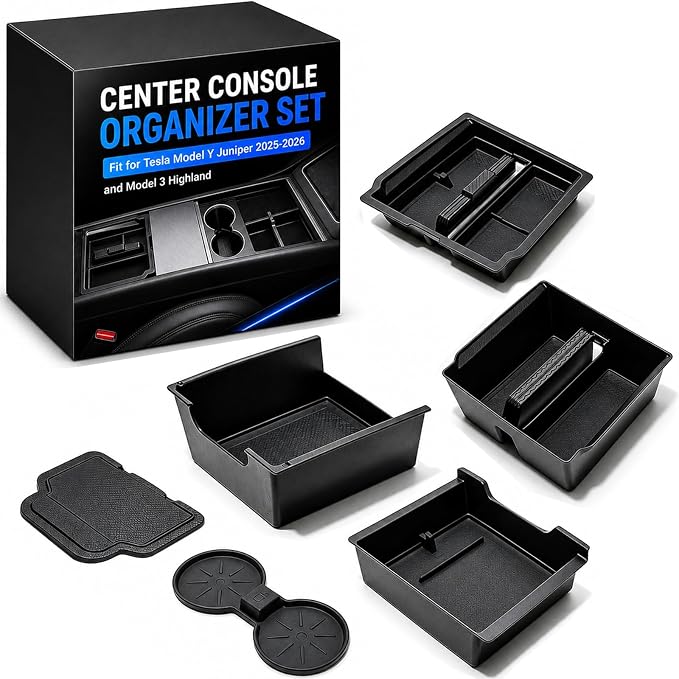 Tesla Center Console Organizer & Armrest Storage Box, Essential Accessories for Tesla Model 3 Highland (2024-2026)/ Model Y Juniper(2025-2026),6-Piece Dual-Layer Hidden Tray