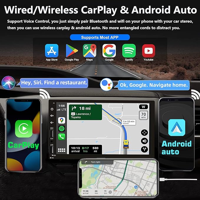 Double Din Car Stereo with Wireless Apple CarPlay & Android Auto, 7inch Touchscreen Car Audio Receiver, Wireless Car Radio with Bluetooth, Backup Camera/Mirrorlink/FM/SWC/Subwoofer/2 USB/AUX Input