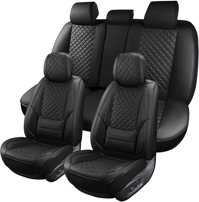 Black Leather Car Seat Covers Full Set Breathable Seat Protectors Waterproof Automotive Seat Covers Universal Fit for Most Cars SUVs Trucks Vehicles