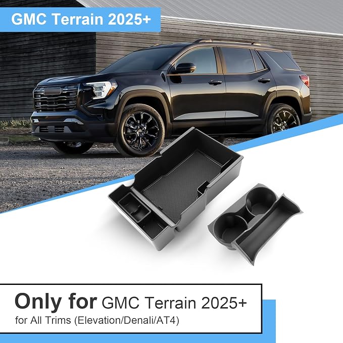 (2Pack) Coleya 2025 2026 2027 Terrain Center Console Organizer &Cup Holder, for GMC Terrain (Elevation/Denali/AT4), Durable ABS &Anti-Slip Rubber Console Tray Insert 2027 2026 Terrain Accessories