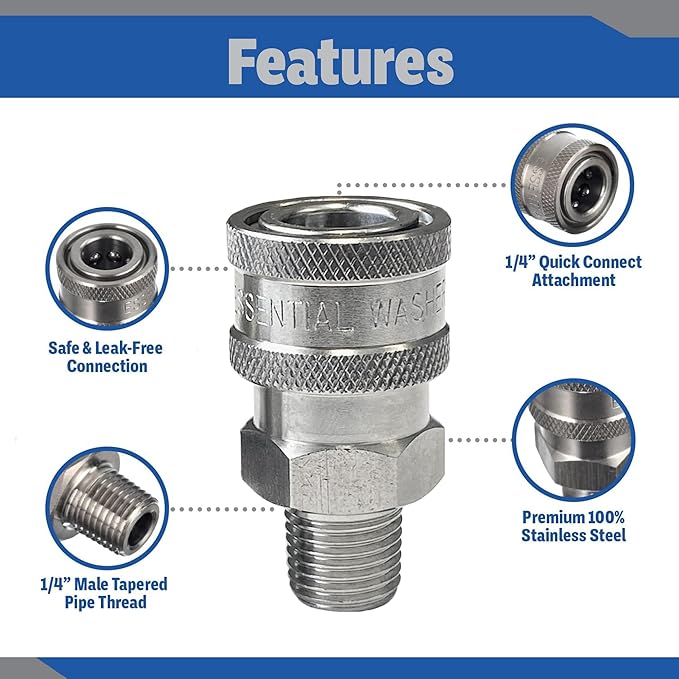 Essential Washer Stainless Steel ¼” Quick Connect Male NPT | Pressure Washer Quick Connect Fittings | 5000 PSI | Set Of 2