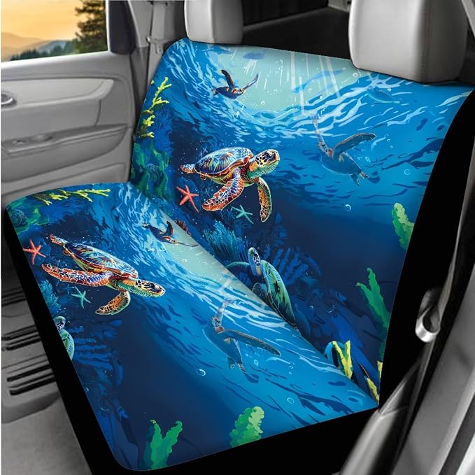 Sea Turtle Prints Car Interior Accessories Set of 8, Car Seat Covers Full Set with Steering Wheel Cover Center Console Pad Seat Belt Covers, Auto Decorations for Women