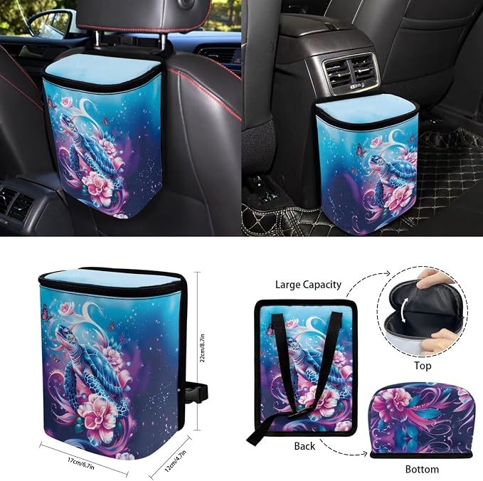 Floral Turtle 15Pcs Car Seat Cover Full Set Car Steering Wheel Cover Seat Belt Cover Trash Bin Front Rear View Mirror Car Cup Holder Keychain
