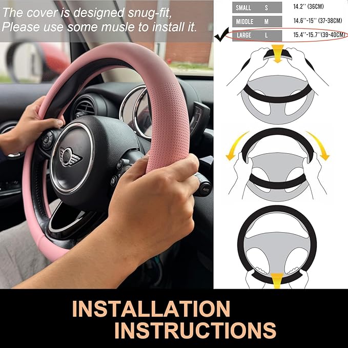 PINCTROT Large Size Nappa Leather Steering Wheel Cover, Slim Fit No Bulk Design, One Piece Leather with Breathable Perforation, Fit Like Gloves, 15.5-15.75 Inch(Nappa Pink)
