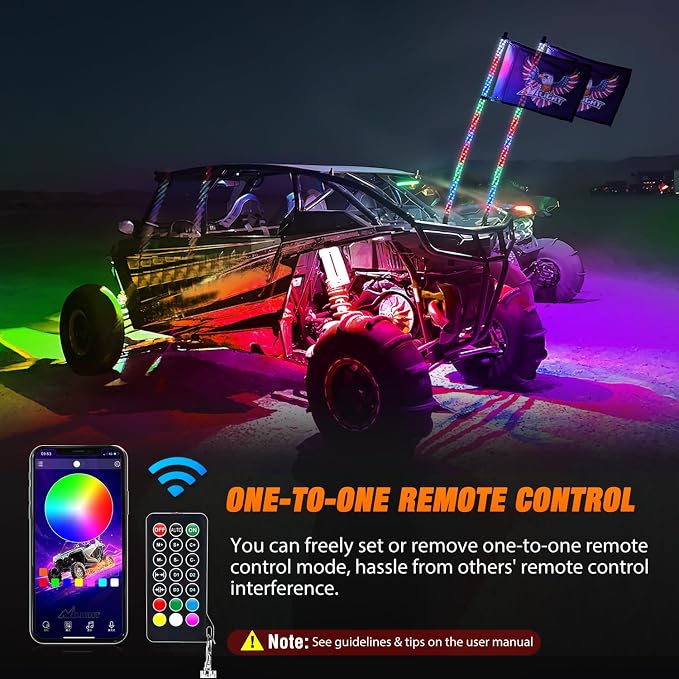 Nilight 2PCS 4FT RGB LED Whip Light and 8 PCS Rock Lights Combo, Remote & App Control w/DIY Chasing Patterns Stop Turn Reverse Safety Antenna Lighted Whips for ATV UTV