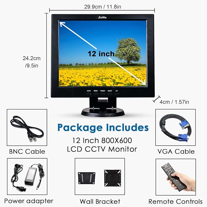 JaiHo 12-Inch 4:3 Security Monitor, 800x600 No Image Stretching CCTV Screen with Metal Housing, BNC HDMI VGA AV USB Input, Industrial Display with Built-in Speakers Remote Control & VESA Mount