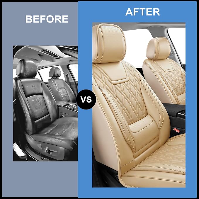Car Seat Covers Compatible with Ford Taurus 2002-2019 - Full Set 5 Seats Luxury Leather All-Weather Seat Cushions & Protectors, Waterproof & Breathable, Airbag Compatible (Beige)