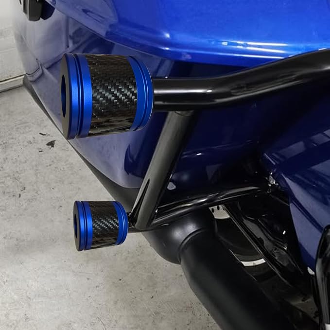 Motorcycle front and rear crash bar decorative wheels, engine crash bar sliders, and saddlebag crash bar decorative covers, CNC machined with embedded carbon fiber accents. (blue)