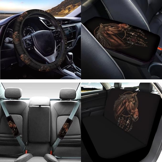 Mumeson Horse Pattern Car Seat Accessories Set Universal Car Seat Covers Set and Steering Wheel Cover,Seat Belt Covers,Car Interior Armrest Cushion Pad Full Set of 8 Pack