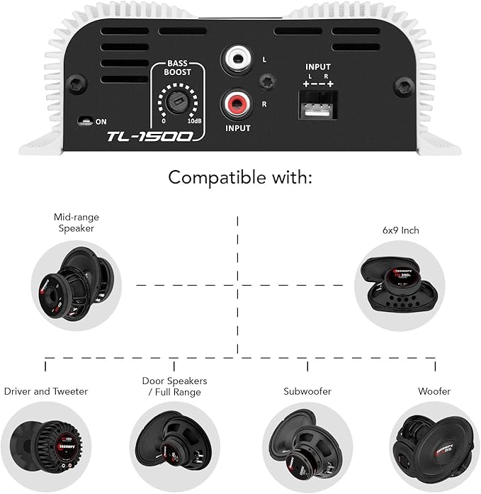 Taramp's TL 1500 Full Range 390 watts RMS 3 Channels Car Audio 2 Stereo Channels 1 Sub Channel Class D Amplifier, RCA/Wire Input, Bass Boost 13.8 VDC System, White