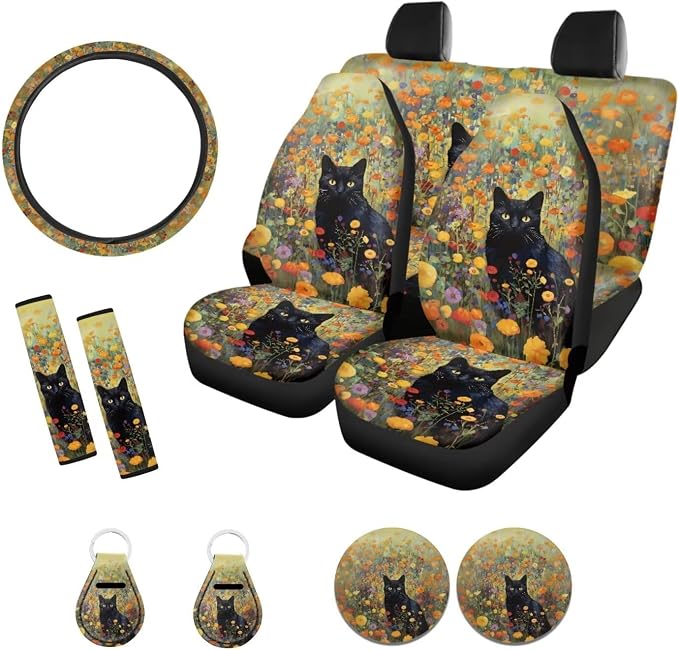 Suobstales Cat Flower Print Seat Cover for Car Full Set 11-Pcs, Car Accessories Steering Wheel Cover + Seat Belt Covers Pads + Coasters + Keychains for Women Interior Accessories Decoration