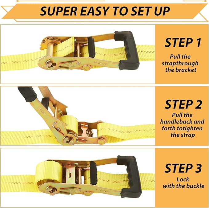 4 Set Heavy Duty Car Trailer Tie Down Straps - 2" x 10' Ratchet Straps, J-Hooks with Clip, 2" x 36'' Axle Strap for Car, Truck, UTV Transport, 10,000lbs Break Strength