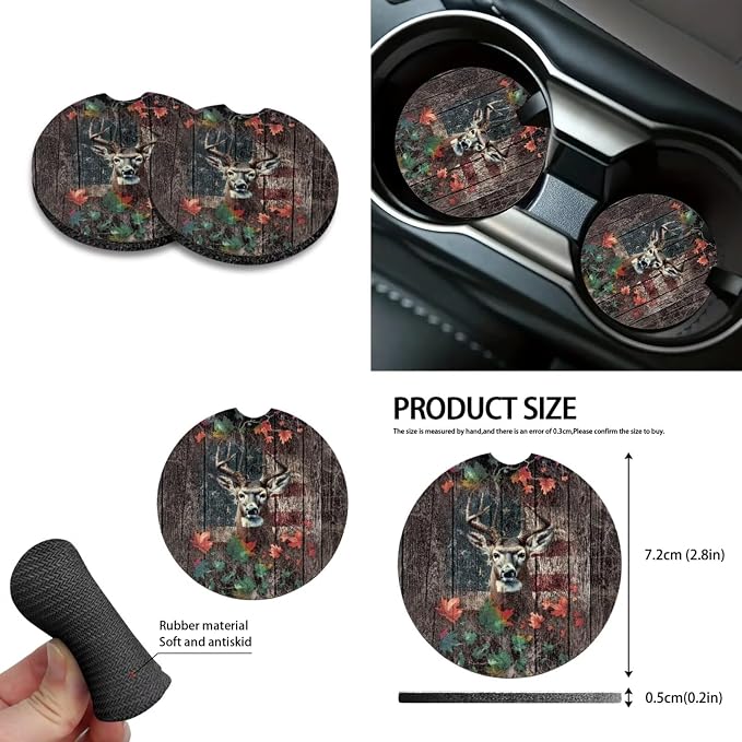 Deer Wood American Flag Print Auto Seat Covers Full Set, Maple Leaf 10 Pcs Universal Fit Car Accessories Steering Wheel Cover Car Trash Bin Keychain Coasters Air Vent Storage Box