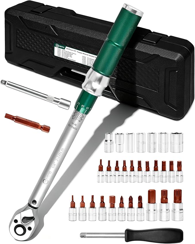33Pcs Wrench Set - 1/4 Inch Drive Torque Wrench 2-24N.m (17.7-221IN.LB), Inch Pound Click Torque Tool Kit with Bit Sockets, 3/4 Adapter & 0.1 Nm Micro, Pro MTB Bicycle Repair Tool