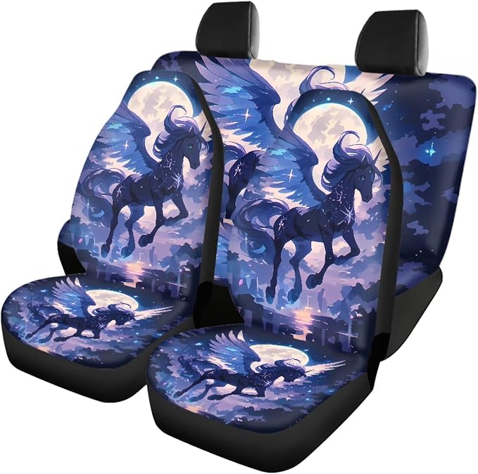 Beautiful Moon Pegasus Car Interior Accessories Set for Women, 18 Pcs Car Seat Covers with Steering Wheel Cover Floor Mats Armrest Pad Seat Belt Pads Handle Wraps Cup Coaster Keychain