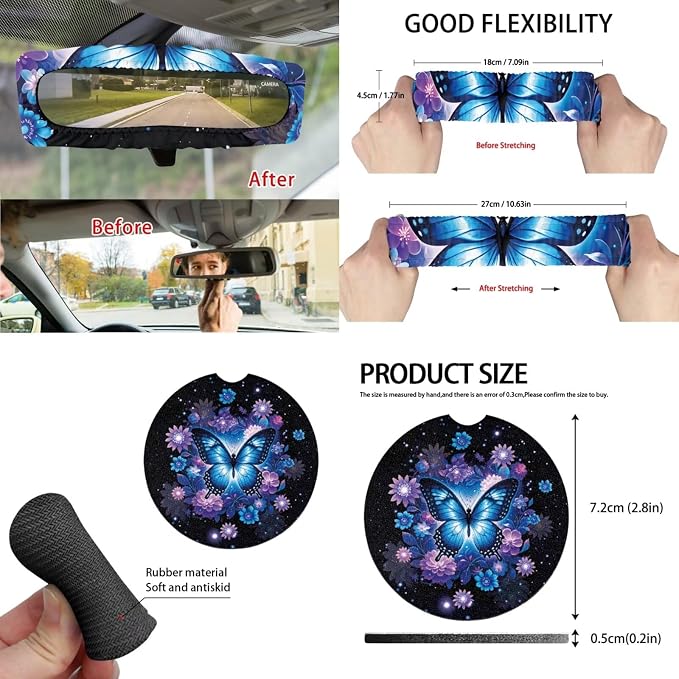 Blue Butterfly 15Pcs Car Seat Cover Full Set Car Steering Wheel Cover Seat Belt Cover Trash Bin Front Rear View Mirror Car Cup Holder Keychain