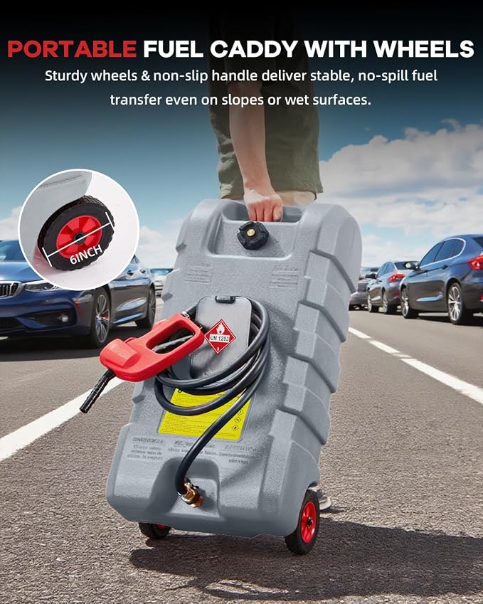 Garvee 15 Gallon Gas Caddy, Heavy-Duty Gas Can and Fuel Caddy with Manual Fuel Transfer Pump, Portable Fuel Tank on Wheels with 10 ft Hose for Lawn Mowers, Cars, Boats, ATVs, Home and Farm Use, Grey