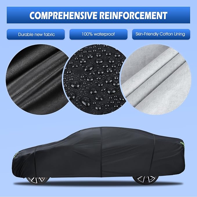 6 Layers Car Cover Waterproof All Weather for Automobiles, Size A3 with Zipper Cotton Fit for Toyota Camry, Honda Accord, Ford Mustang, Chevy Camaro/Malibu,Kia Optima/K5 (187-198 inch)