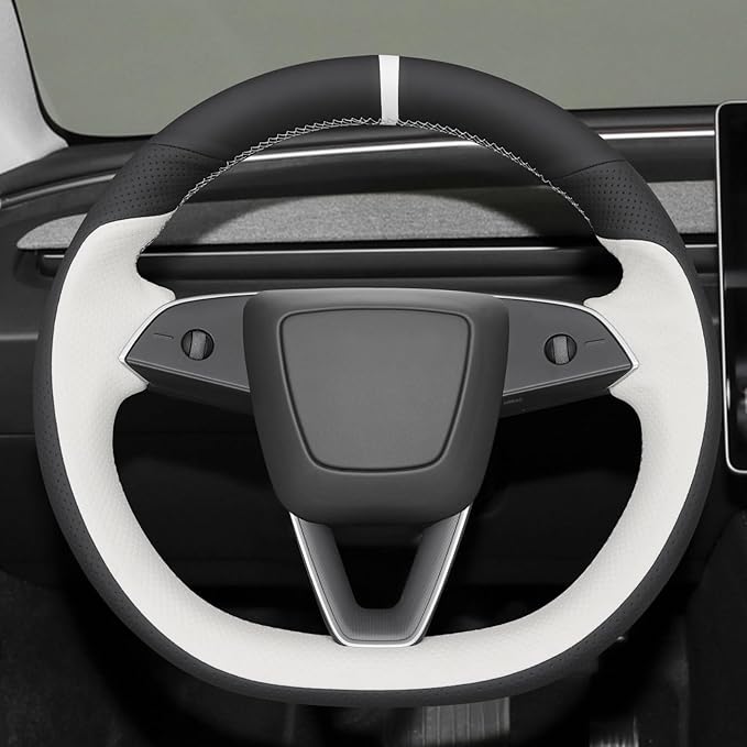 MEWANT Hand Stitch White Black Faux Leather Steering Wheel Cover Wrap for Tesla Model 3 Highland 2025 Model Y Juniper