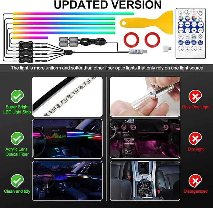 Acrylic Interior Car LED Strip Light with USB/Type C, Dreamcolor 10 in 1 with 187 inches 650 LEDs Ambient Lighting Kits, Sound Active Function Neon Accessories